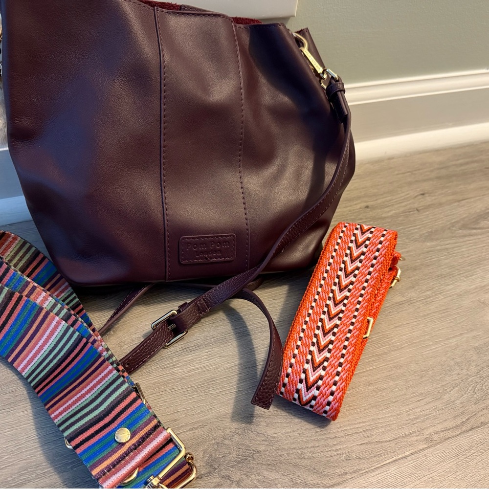 Pom Pom London Burgundy Crossbody Bag with Multicolor Strap